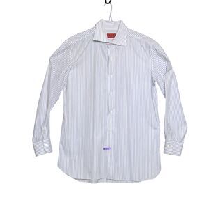 Isaia Sz 16.5 42 White Blue Brown Lines Dress Shirt Long Sleeve Designer Cotton